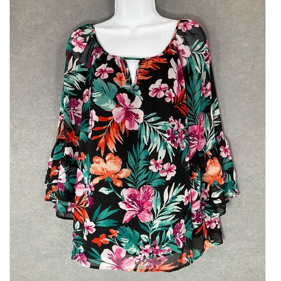 Apt. 9 Top Black Floral Blouse Bell‎ Sleeve Keyhole Tropical Sz XL Sheer Lined - Picture 1 of 13
